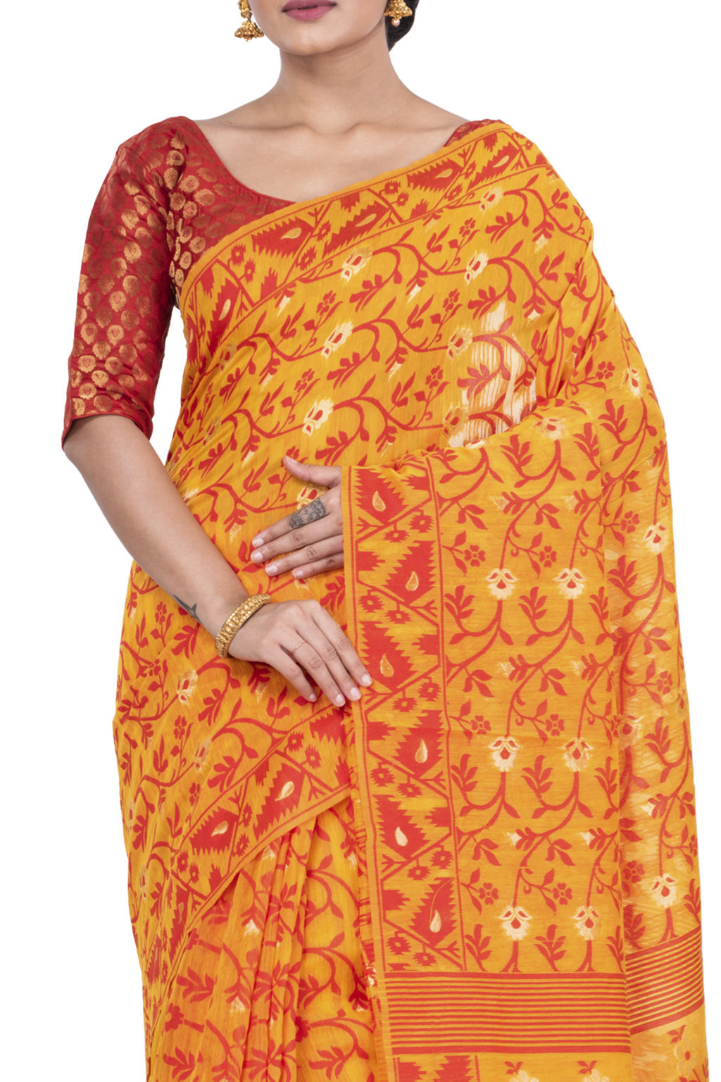 Yellow Blended Cotton Kanak_Jmdni Jamdani Saree (685)